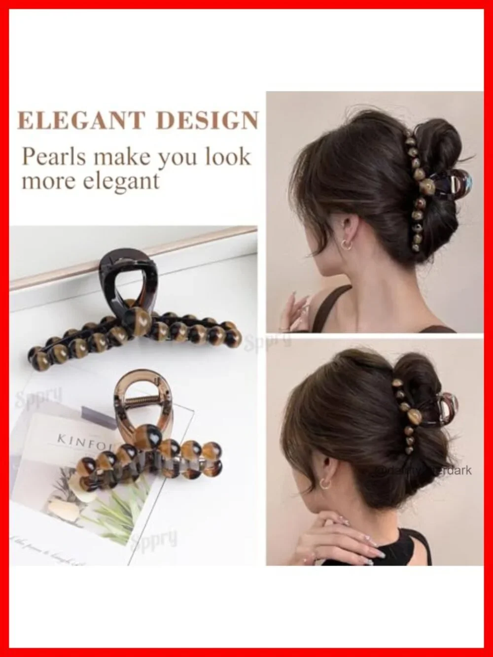 Set of 3 Large Pearl Hair Claw Clips for Thick Hair